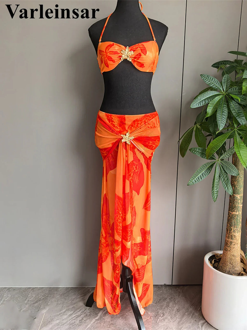 New With Skirt Metal Flower Printed Bikini Female Swimsuit Women Swimwear Three-Pieces Bikini Set Bather Bathing Suit Swim V7285