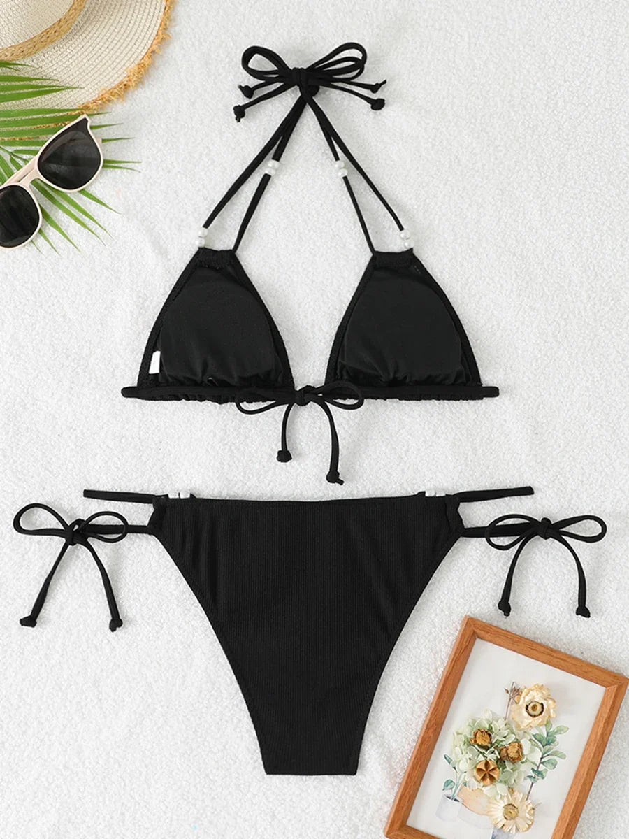 2026 String Triangle Printed Bikini Women Sexy Swimwear Female Halter Swimsuit Solid Bathers Bathing Swimming Swim Suit Beach