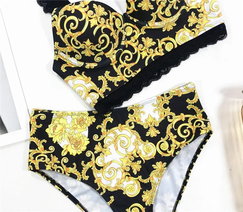 Printed Bra Cup Bandeau Bikinis Female Swimsuit High Waist Bikini Women Swimwear Two Pieces Bikini Set Push Up Bathing Suit Swim