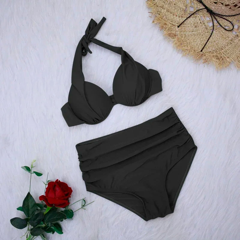 3 Colors Sexy Bikini Women Push Up Pleated Solid High Waist Swimwear Swimsuit Bikinis Set Bathing Suit Beach Bikini Taille Haute