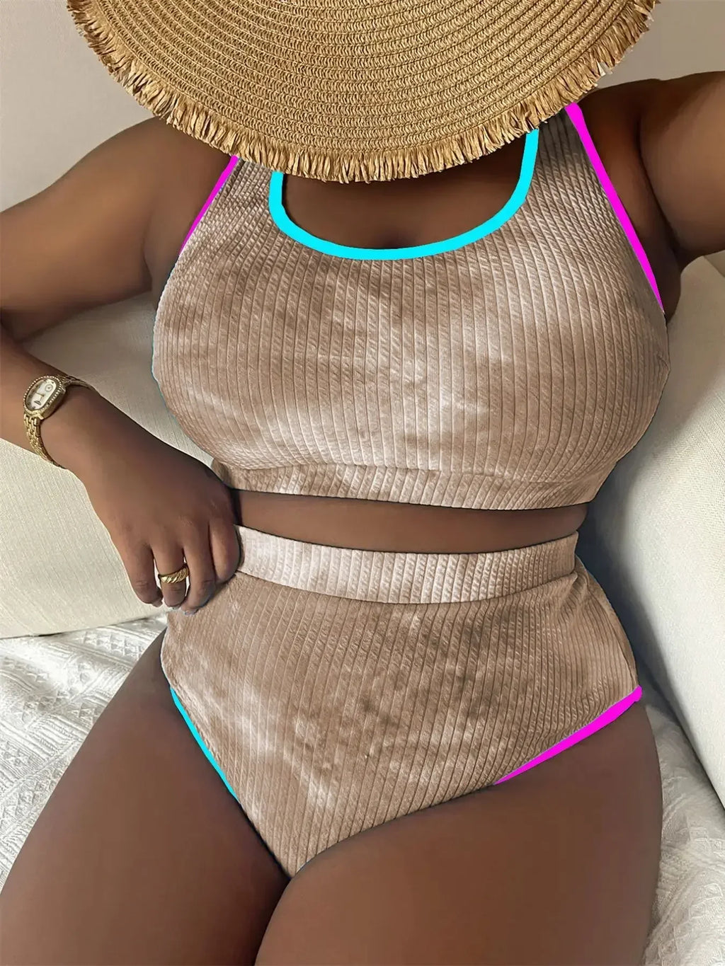 Large Size 3XL Women's Patchwork Swimsuit Sexy Backless High Waist Swimwear Textured Bikini Set Female Beachwear Holiday Biquini
