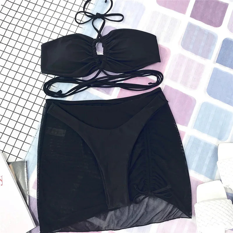 Wrap Around with Mesh Sarong Skirt Bikini Female Swimsuit Women Swimwear Three-pieces Bikini Set Beachwear Bathing Suit Swim