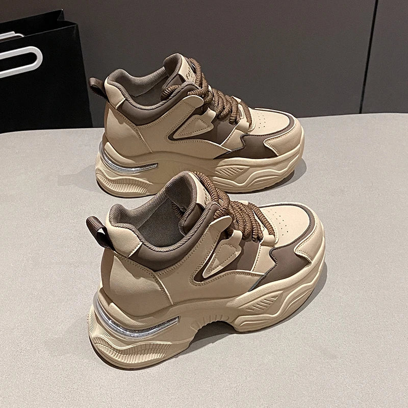 Chunky Platform Women Sport Sneaker Lace-Up Thick Bottom Vulcanize Shoes Woman Spring Autumn Pu Leather Breathable Running Shoes