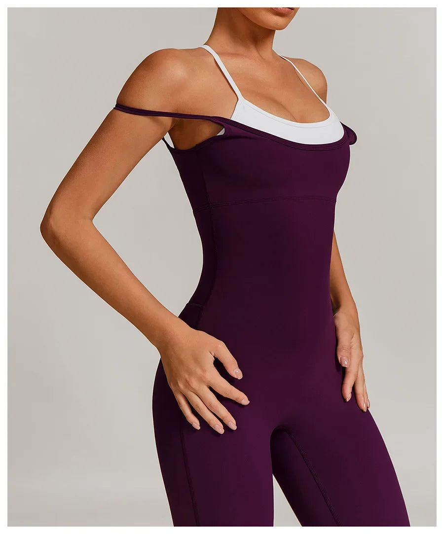 Yoga Jumpsuit Fake two color contrast halter sport jumps Women Push Up Gym Fitness Overalls Sport Outfit Sportswear Clothes 8843