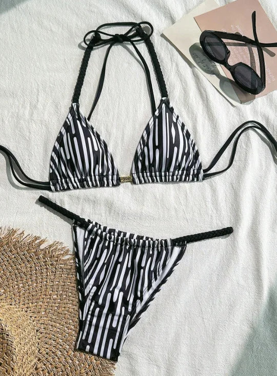 zebra striped micro bikinis sets two pieces halter drawstring swimsuit Brazilian summer bathing suit swimwear swimming suit