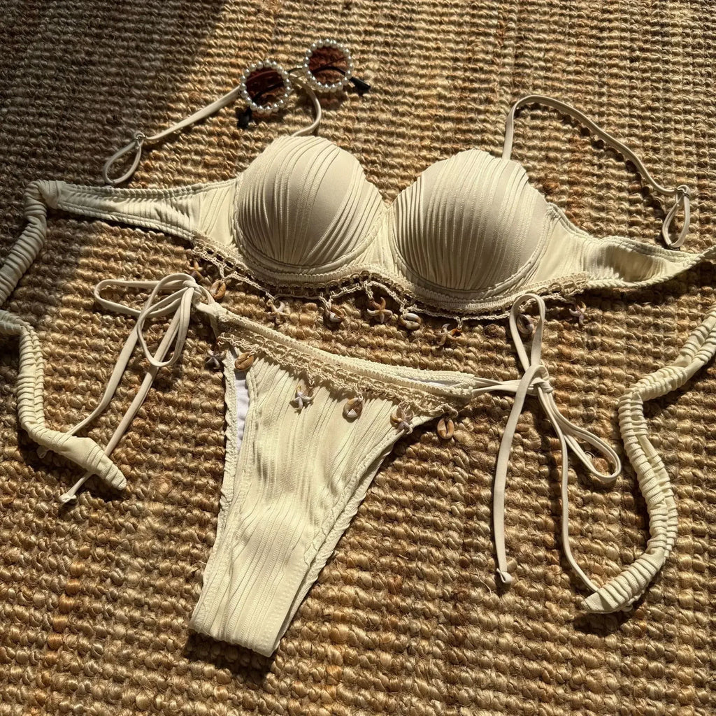 Shell Scalloped Wrinkled Underwired Bra Cup Bikini Female Swimsuit Women Swimwear Two-pieces Bikini Set Push Up Bathing Suit