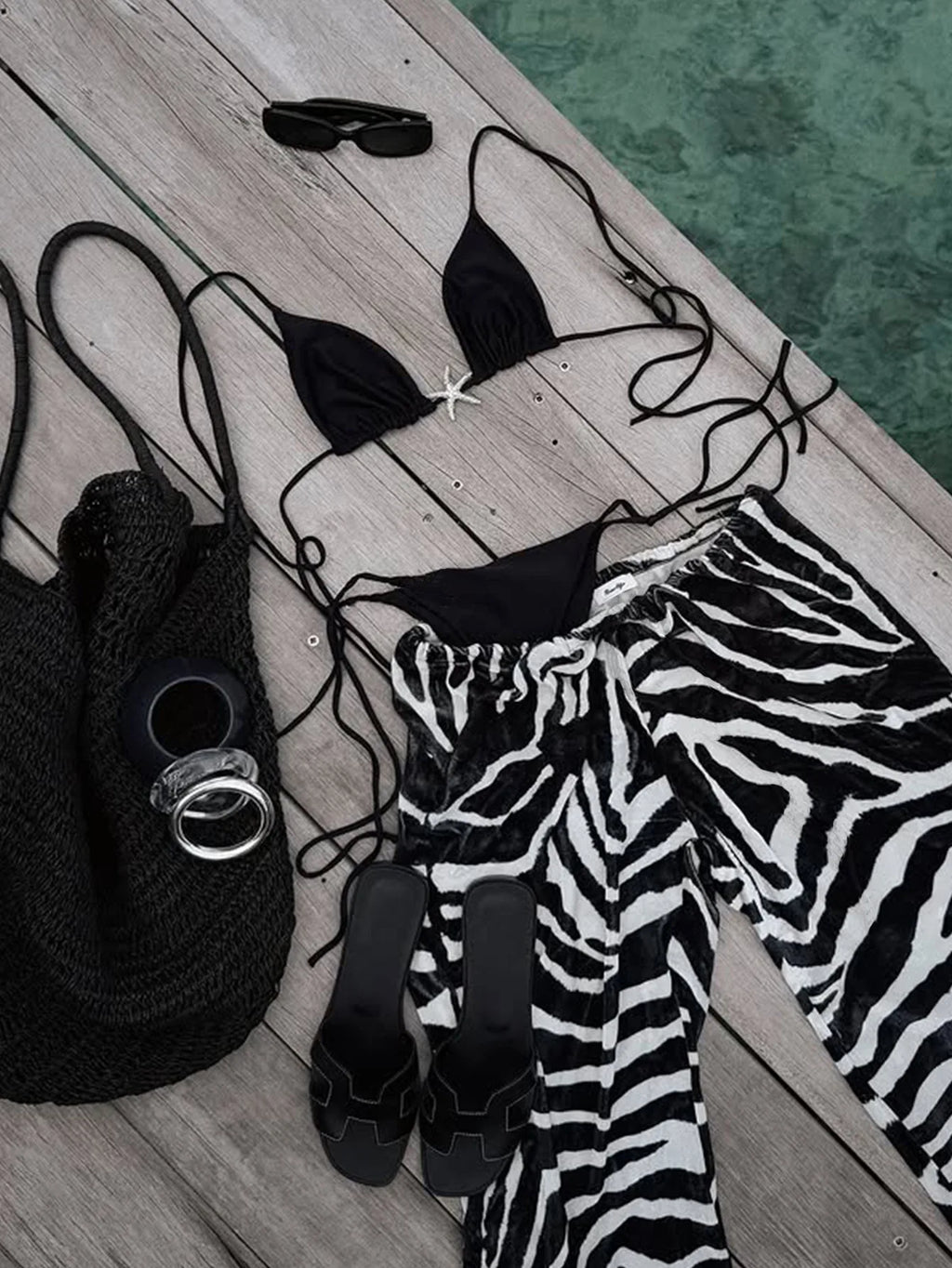 Sexy Black Starfish Ornament Bikini Set 2025 Women Zebra Print High Waist Panties 3 Piece Swimsuit Bathing Suit Thong Swimwear