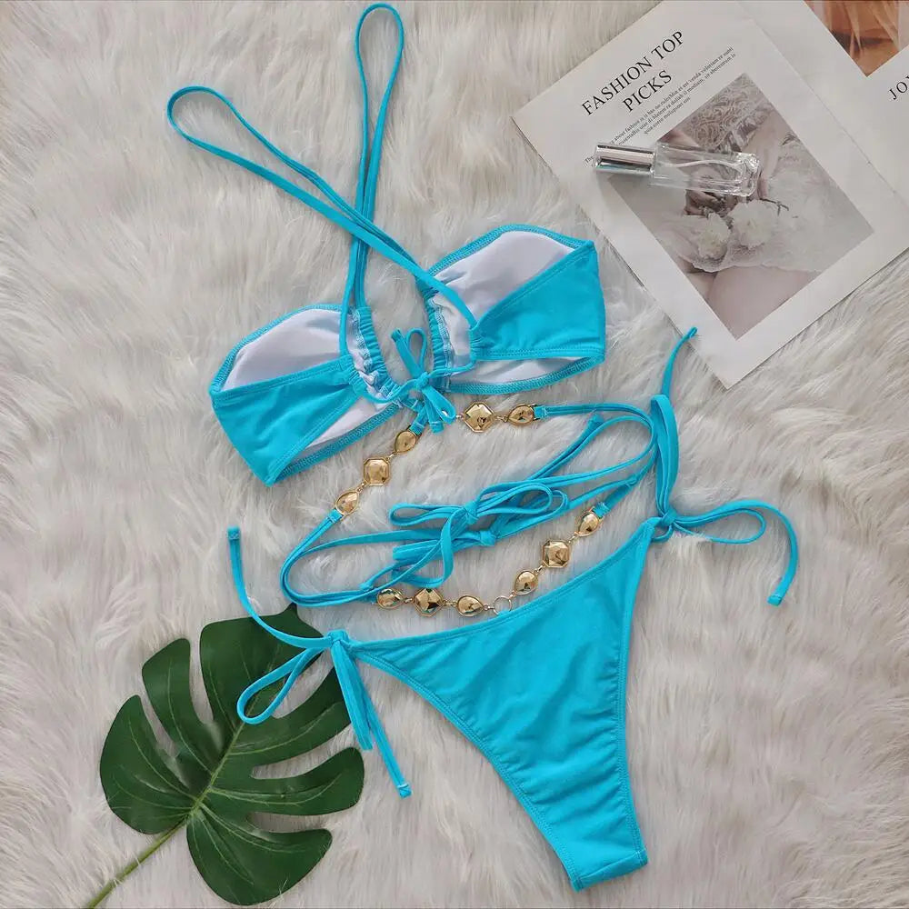 DEKA Brazilian Diamond Bikini Set Women Halter Blue Swimwear Female Swimsuit Bandage Bikini Set  Bathing Suit Swim Beach Wear