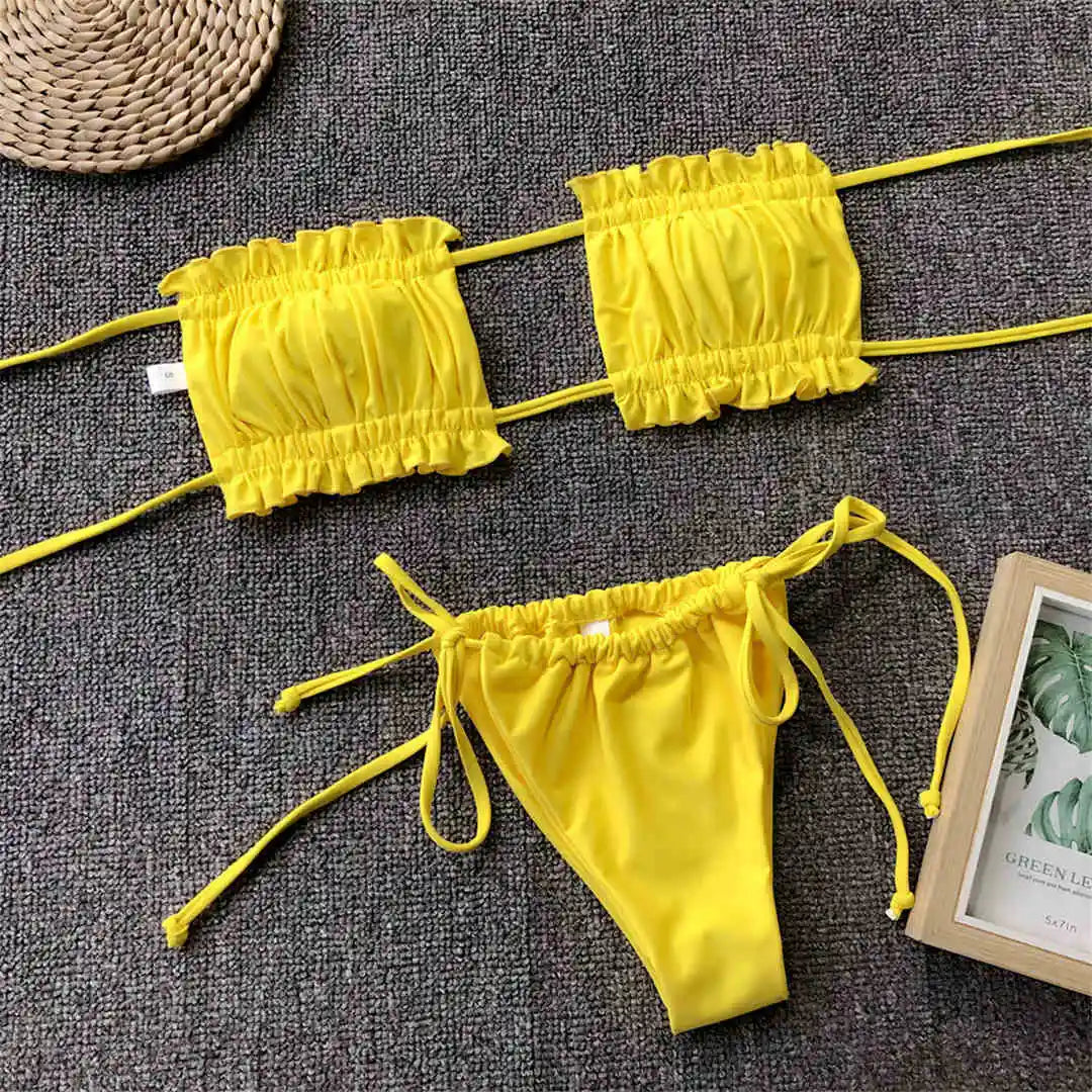 Sexy Pink Bandeau Frilled Bikini Swimsuit Female Swimwear Women Two-Pieces Bikini Set Bather Padded Bathing Suit Swim V1242B