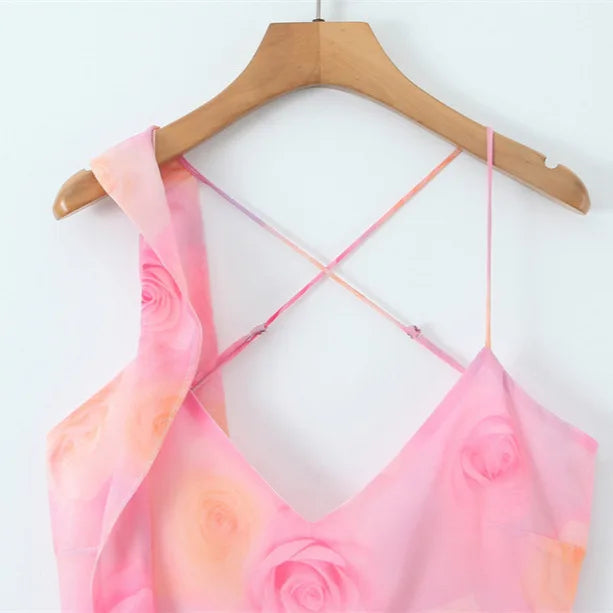 Deep V-neck Strap Dress Sexy Ruffled Long Dress Womens Pink Rose Print Strap Dress Ruffle Sleeveless Summer Beach Dress GO0Y