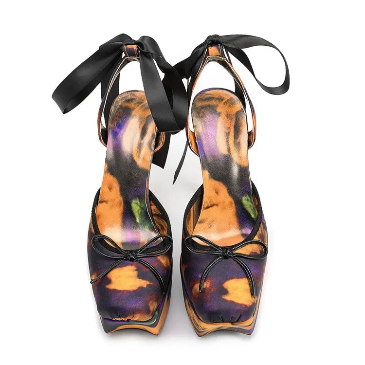 New Design Platform Women High Heeled Sandals for Woman's Square Toe Butterfly-Knot Ankle Riband Thin Heels Shoes Mujer Pumps