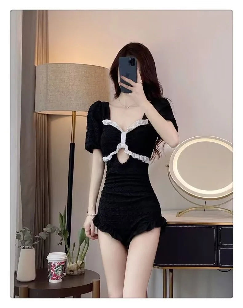 Hot Selling Swimsuit Women's New Black One-piece Cover Belly Slimming Skirt Style Flat Corner Hot Spring Conservative Swimsuit