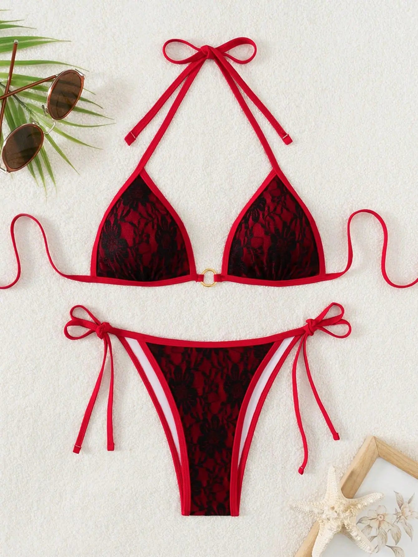 Embroidery Mesh Lace Halter Bikini Female Swimsuit Women Swimwear Two-pieces Bikini Set High Cut Bathing Suit Swim Beach Wear