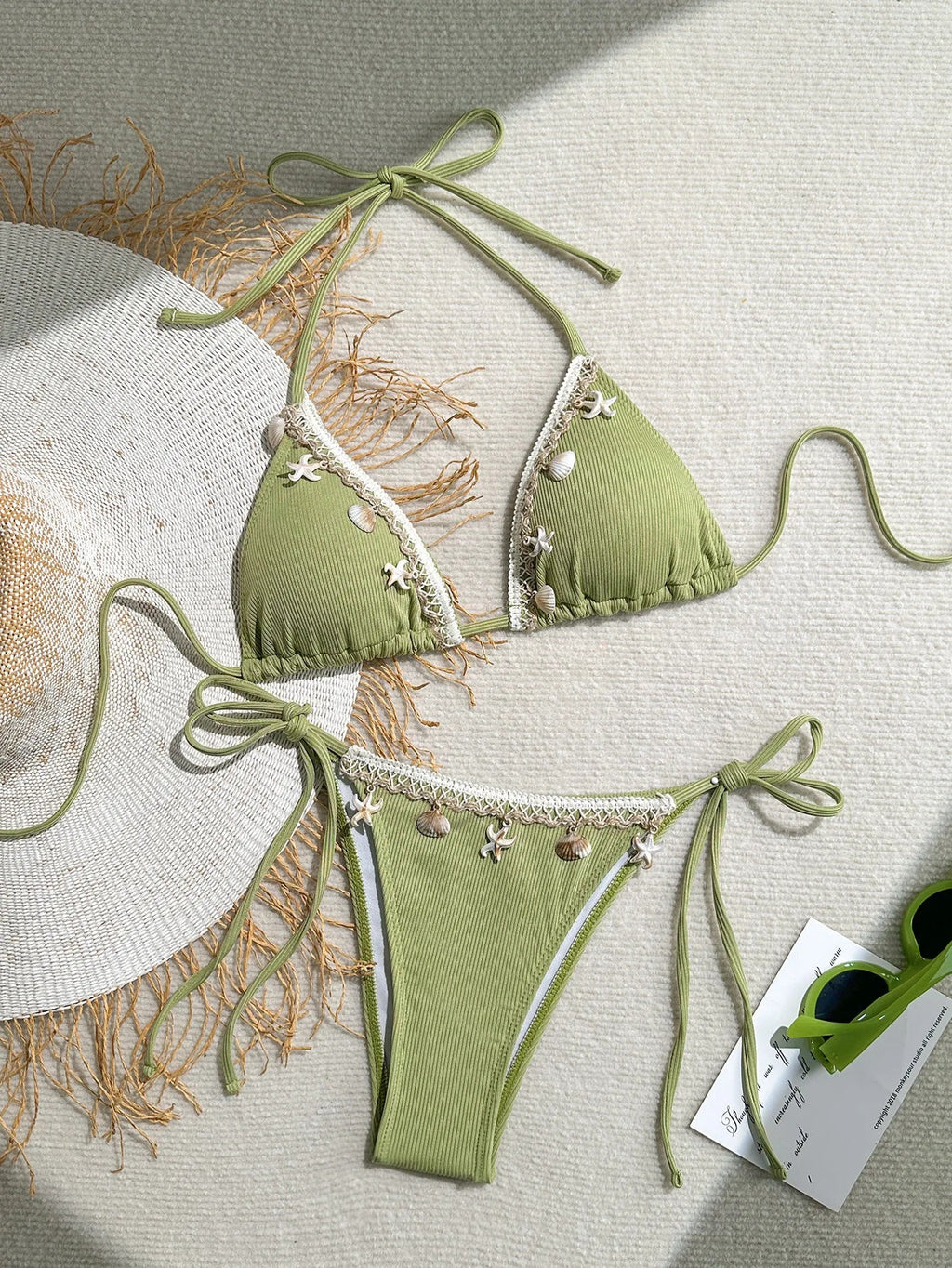 Shell Decoration Halter String Strappy Bikini Women Swimwear Female Swimsuit Two-pieces Bikini Set Ribbed Bathing Suit Swim Lady
