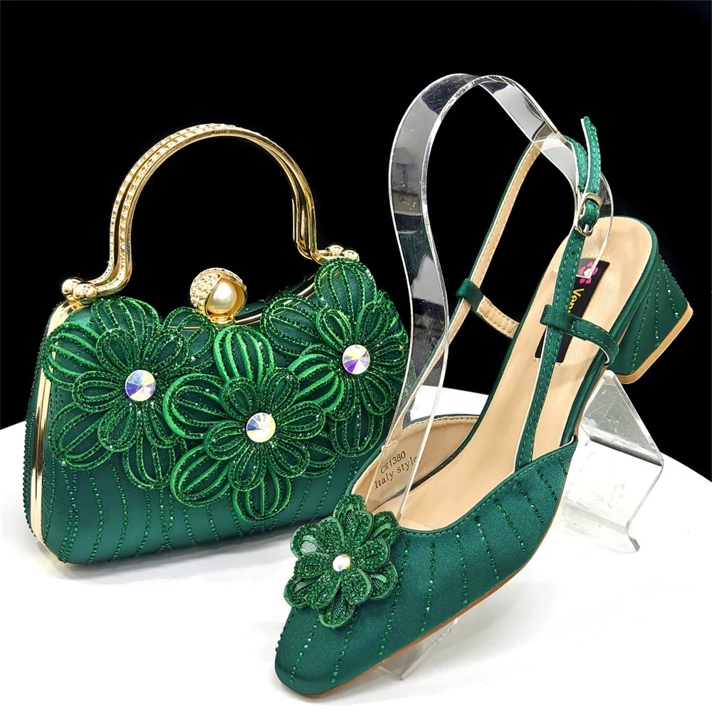 Doershow Italian Shoe and Bag Set New 2025 Women Shoes and Bag Set In Italy GREEN Italian Shoes with Matching Bag HW1-1
