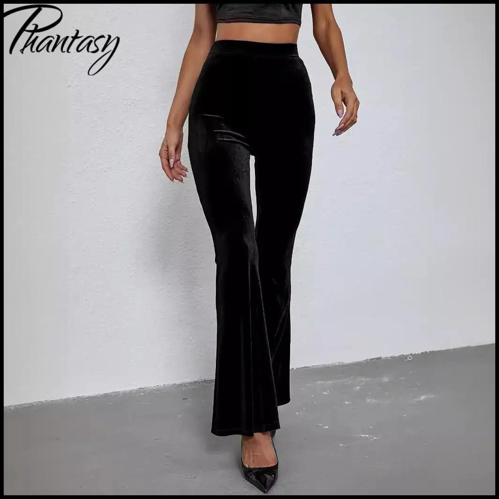 2026 Spring Fashion Velvet Pants Elegant Solid High-Waisted Slim-Fit Trousers Women's Flared Pants Streetwear Female Clothing