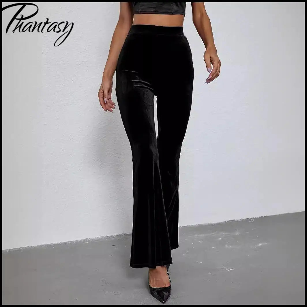 2026 Spring Fashion Velvet Pants Elegant Solid High-Waisted Slim-Fit Trousers Women's Flared Pants Streetwear Female Clothing