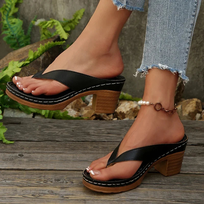 2025 New Gold High Heels Flip Flops Women Outdoor Clip Toe Thick Heeled Sandals Woman Lightweight Plus Size Summer Slippers 43