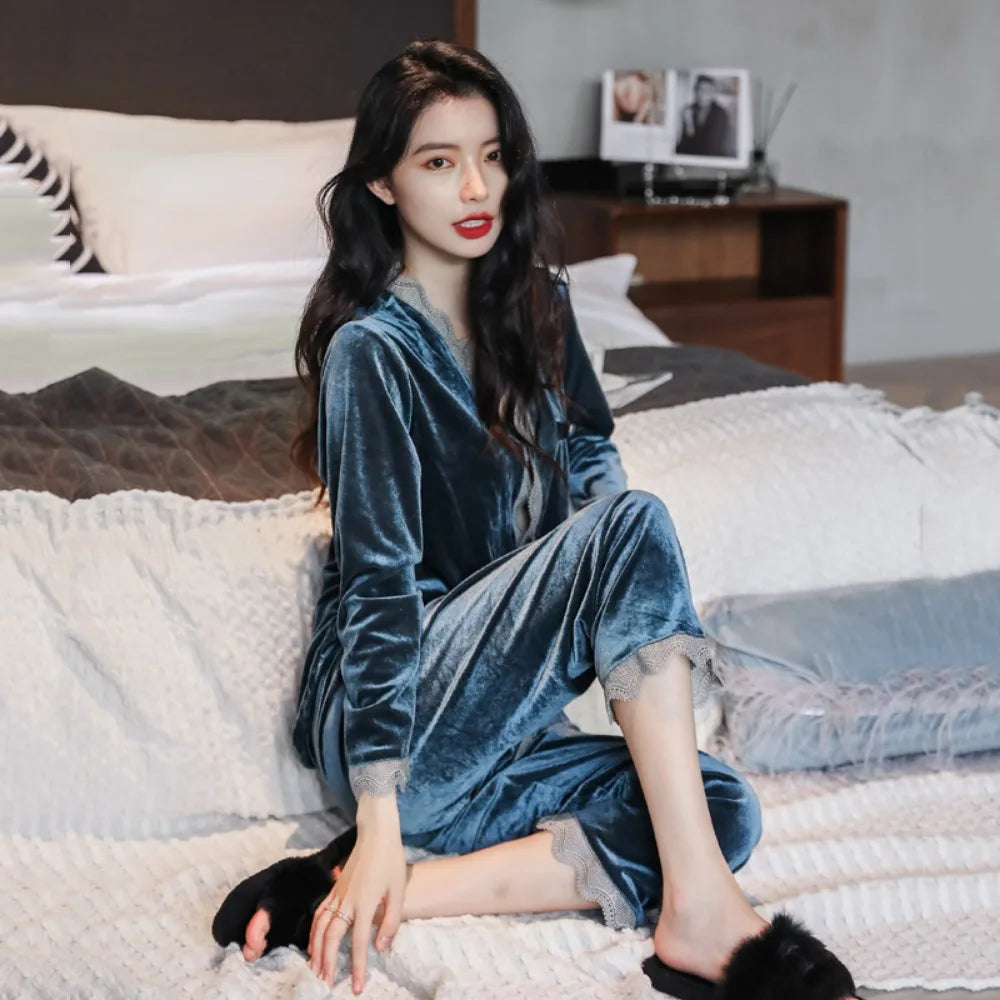 Pajamas gold velvet long sleeve lace cardigan set sexy home wear