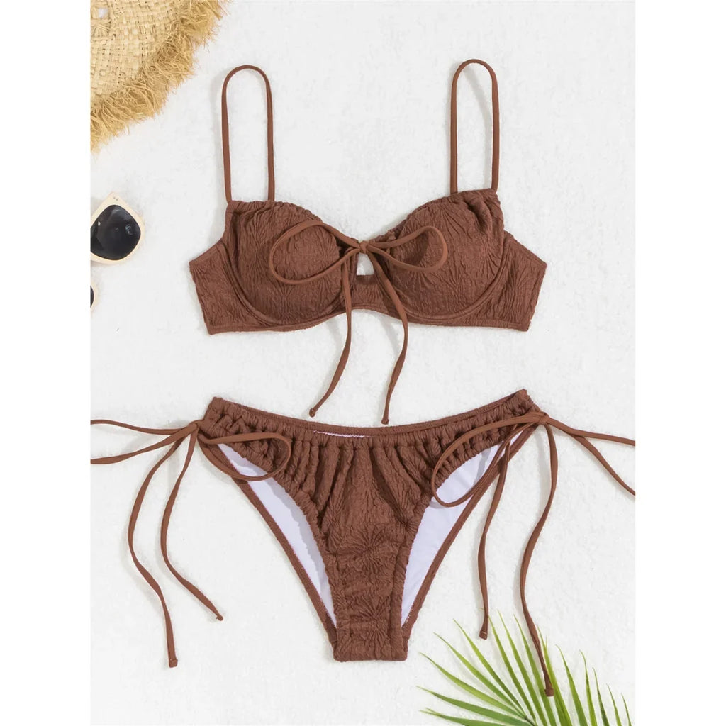 Wrinkled Underwired Knotted High Cut Bikini Female Swimsuit Women Swimwear Two-Pieces Bikini Set Bather Bathing Suit Swim V5807