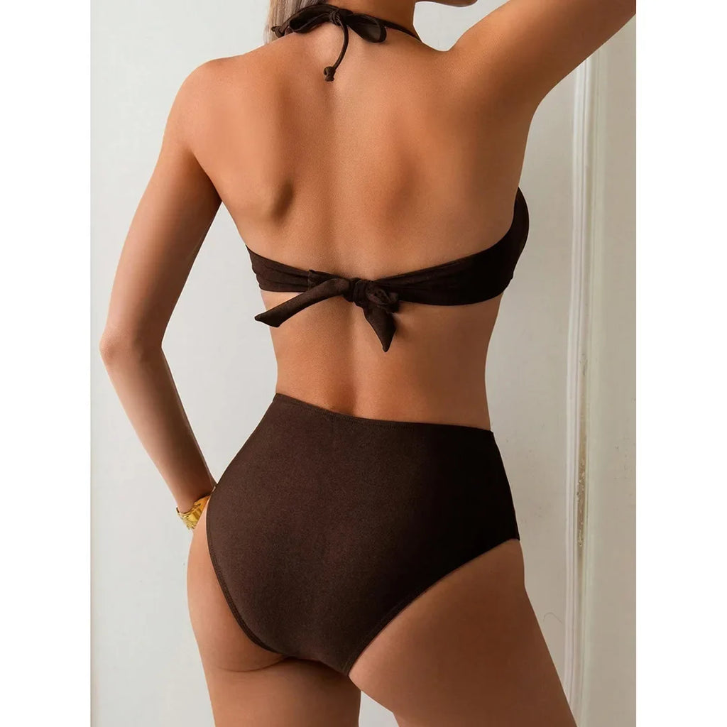 S - XL Metal Ring Halter Female Swimsuit High Waist Bikini Women Swimwear Two-Pieces Bikini Set Bather Bathing Suit Swim V6933
