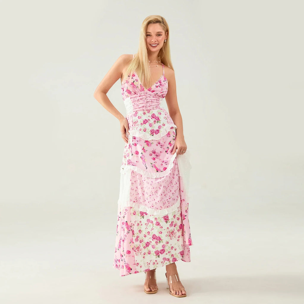 Women's Summer Floral Print Bohemian Long Dress Stylish Lace Patchwork Ruffled Trim Spaghetti Strap V Neck A-Line Dress