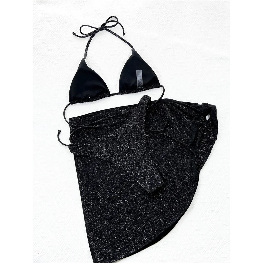 Glitter Sparkling Wrap Around Bikini Women Swimwear Female Swimsuit Three-piece Bikini set Sarong Bather Bathing Suit Swim V3679