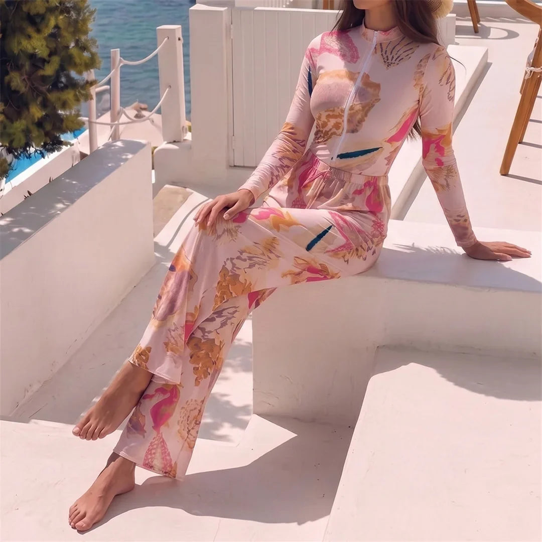 S - XXL New Printed Long Sleeve With Zipper Pants One Piece Swimsuit Women Swimwear Female Padded Bather Bathing Suit Swim V8362