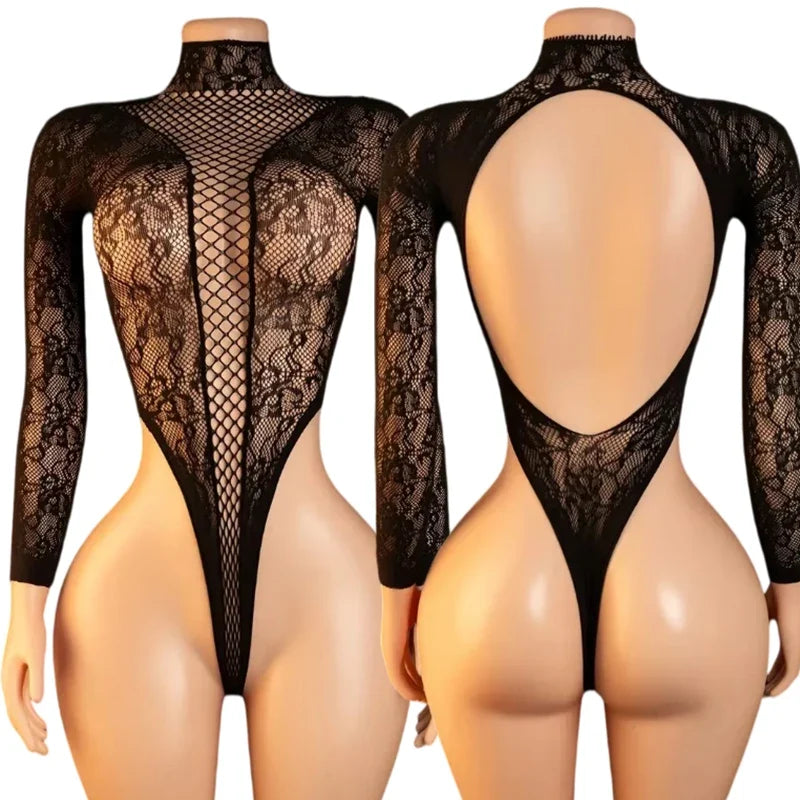 Sexy Lingerie Mesh Backless Open Bra Body Suits Erotic CostumeSee Through Hollow Full Sleeves Jumpsuit Black Plus Size Underwear