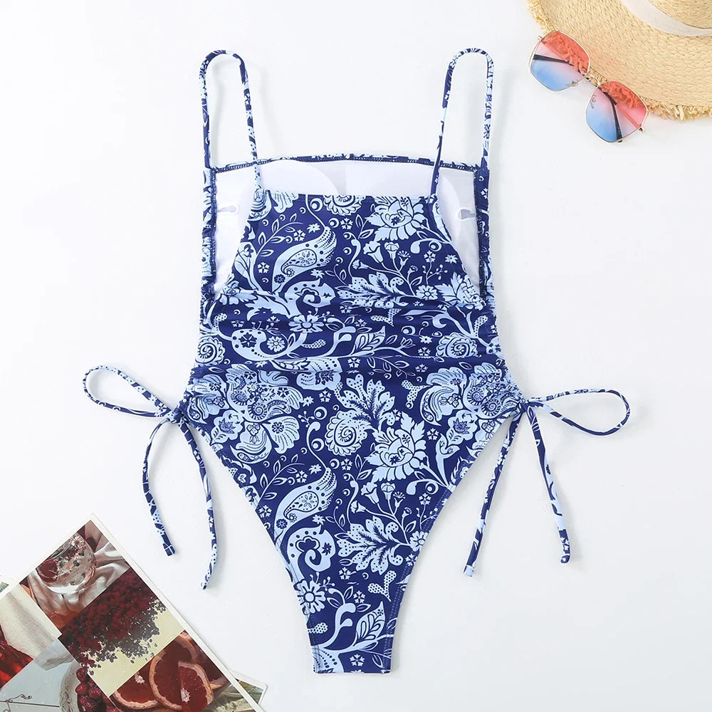 2026 Floral String One Piece Swimsuit Backless Sexy Swimwear Women Bathing Suit Female Swimming Summer Beachwear Bodysuit