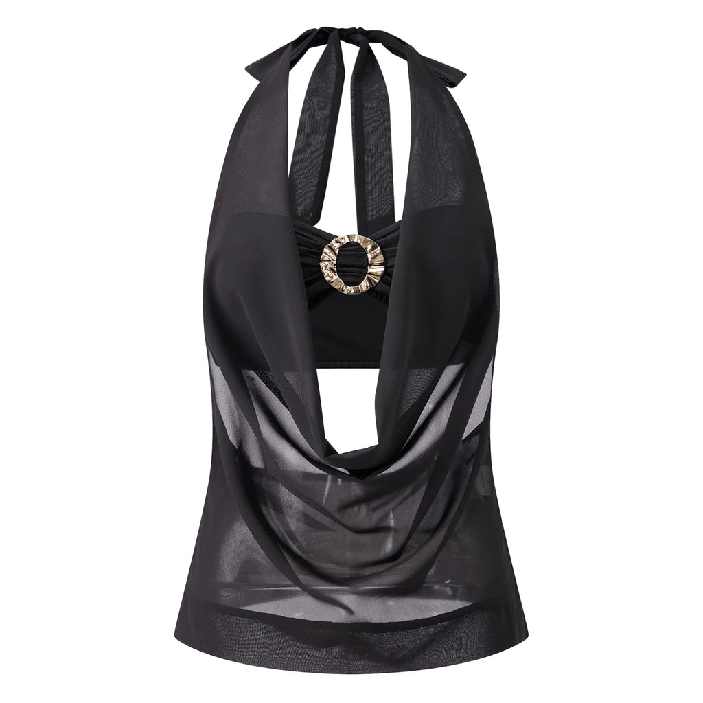 Summer Women Elegant 2 Piece Tops Mesh Sheer Halter Cowl Neck Sleeveless Vest with Buckle Tube Top Going Out Blouse Streetwear
