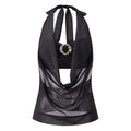 Summer Women Elegant 2 Piece Tops Mesh Sheer Halter Cowl Neck Sleeveless Vest with Buckle Tube Top Going Out Blouse Streetwear