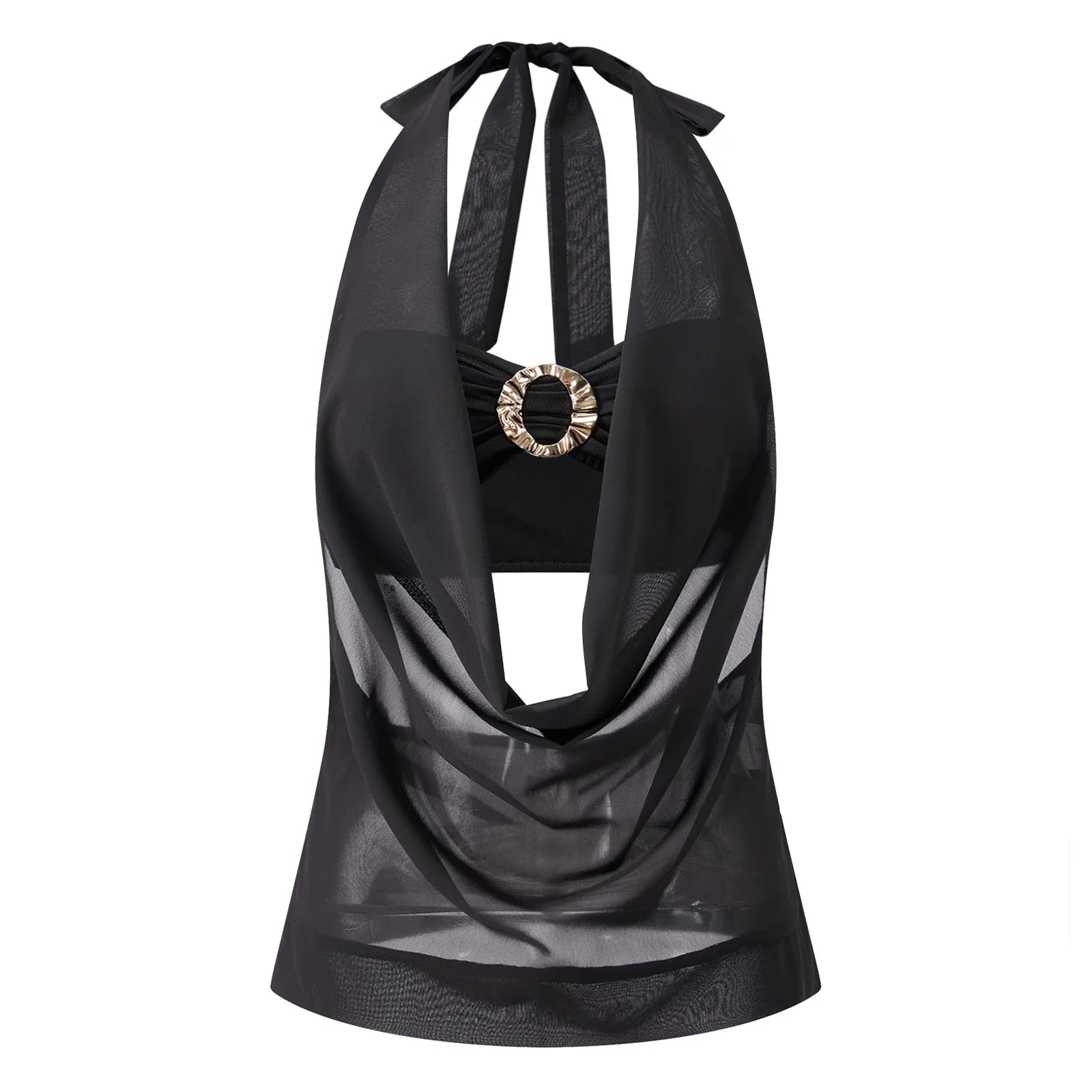 Summer Women Elegant 2 Piece Tops Mesh Sheer Halter Cowl Neck Sleeveless Vest with Buckle Tube Top Going Out Blouse Streetwear