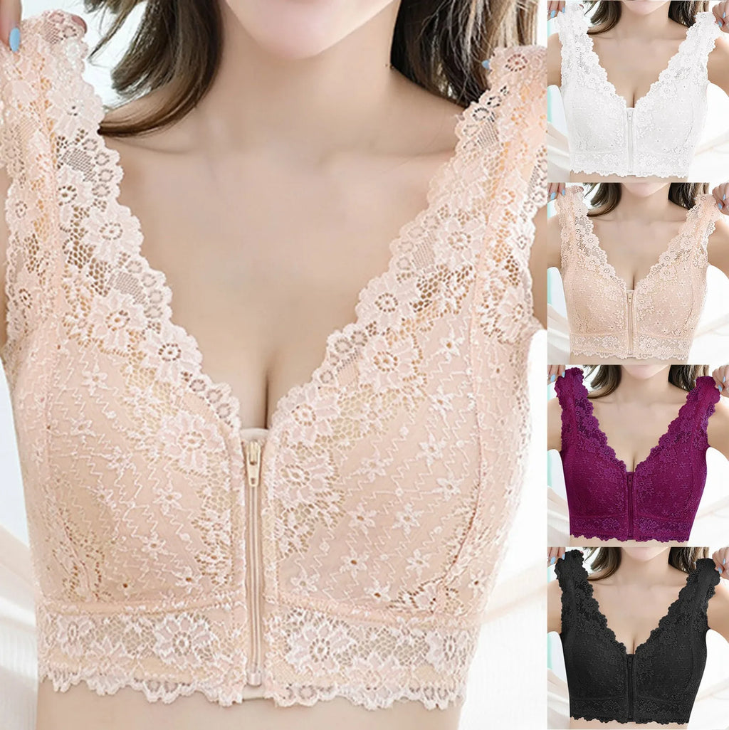 Zipper Sexy Lace Bras For Women V Neck Push Up Padded Brasiere Tops Hollow Out Bralette Breathable Comfortable Women'S Underwear