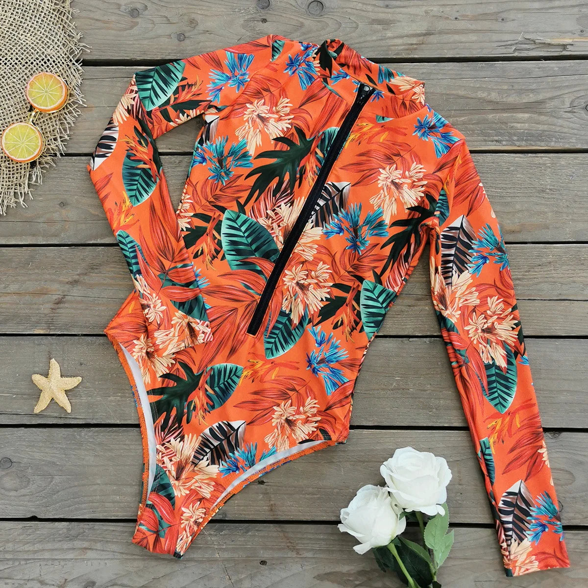 2024 Women One Piece Swimsuit Surfing Sport Swimsuit Long Sleeves Swimwear Print Monokini Bathing Suit Tropical Bodysuit Female