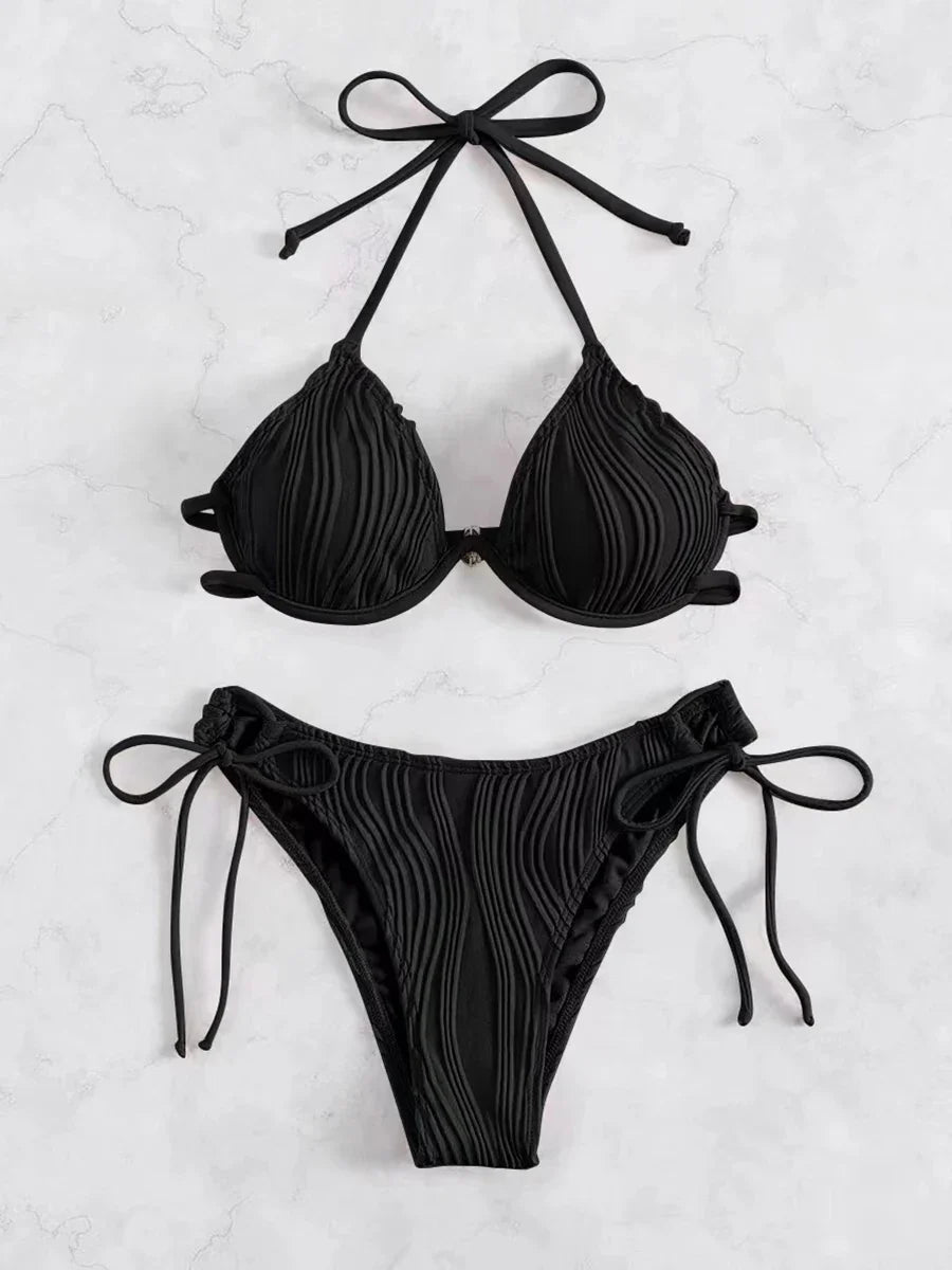 2026 Halter String Bikini Solid Push Up Swimsuit Women Sexy Swimwear Female Bathers Bathing Swimming Swim Suit Beachwear