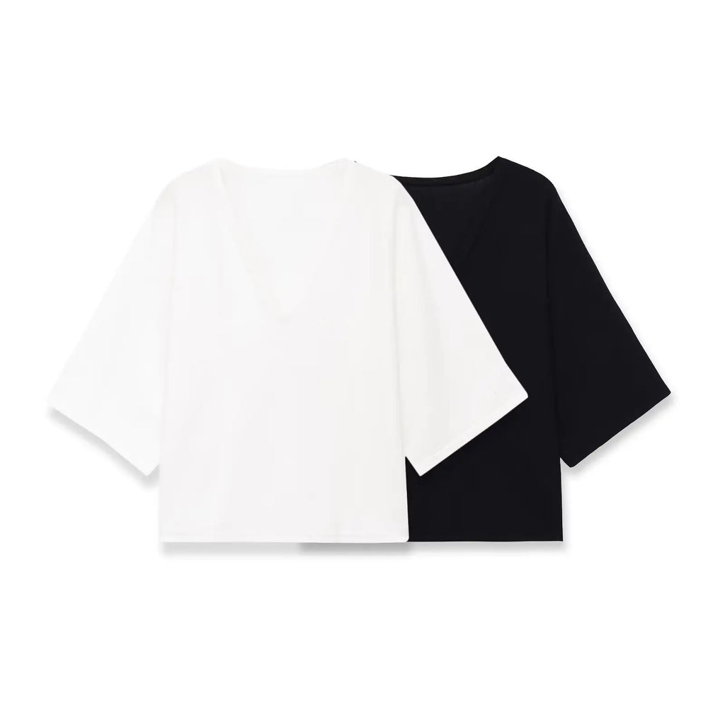 Fashion Casual Short Sleeve Knit Top Women Black White V Neck T Shirt Loose Fit Casual Short Sleeved Top For Summer Elegant E9OJ