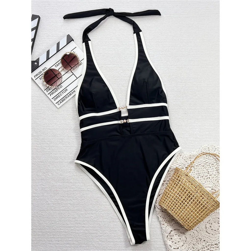 Deep V Neck Halter High Leg Cut One Piece Swimsuit Women Swimwear Female Backless Monokini Padded Bather Bathing Suit Swim V6710