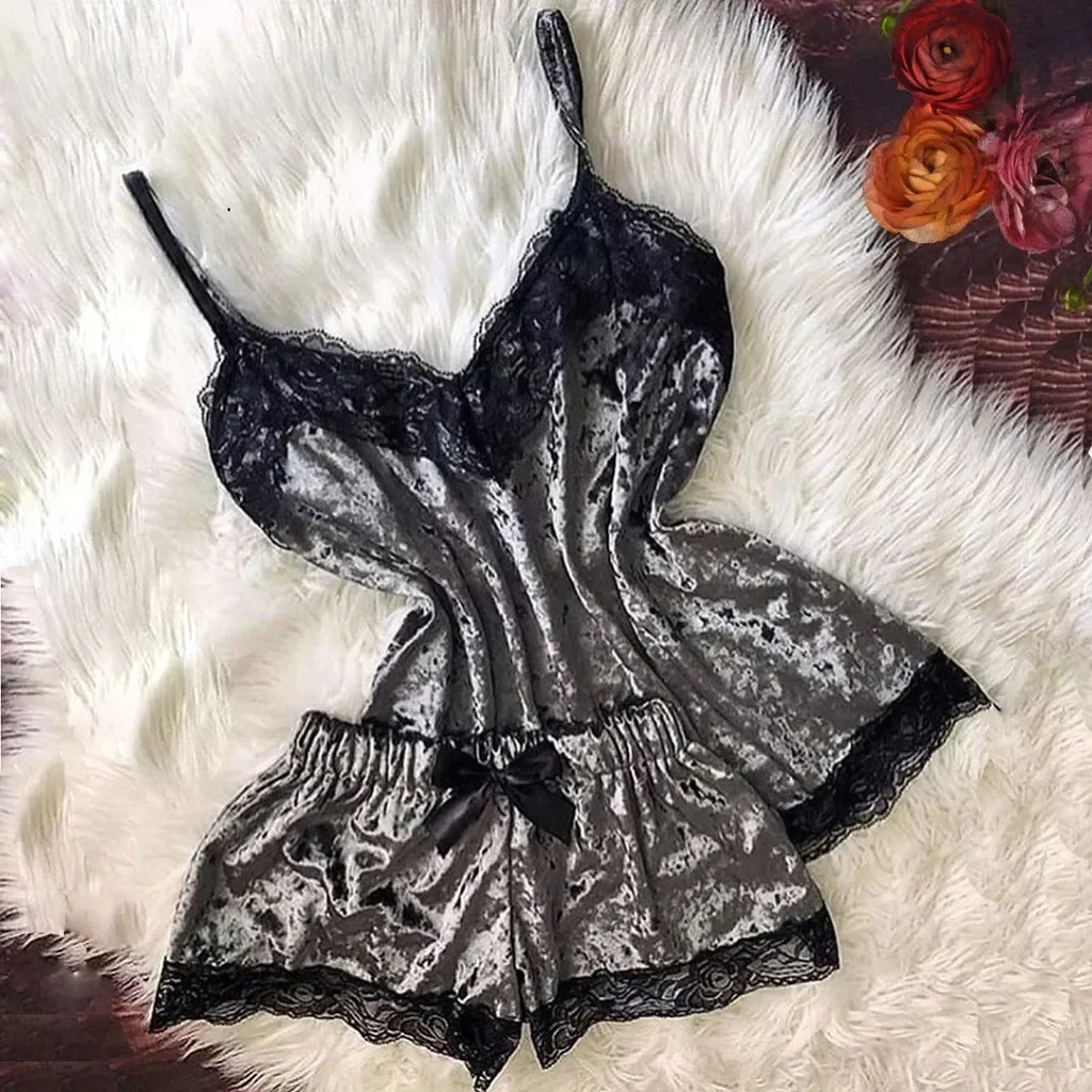 Summer Lace Sleepwear Sexy Satin Pajamas Set Women Nightshirt 2 Pieces Crop Tops and Shorts Set Homewear Loungewear