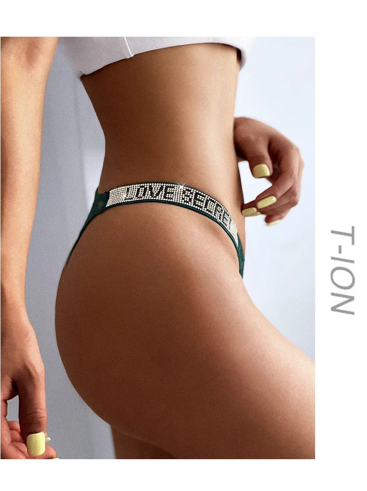 Rhinestone Lace Letter Sexy G String Women Panties Seamless Girls Underwear Transparent Thong For Female Low Rise Ladies Briefs
