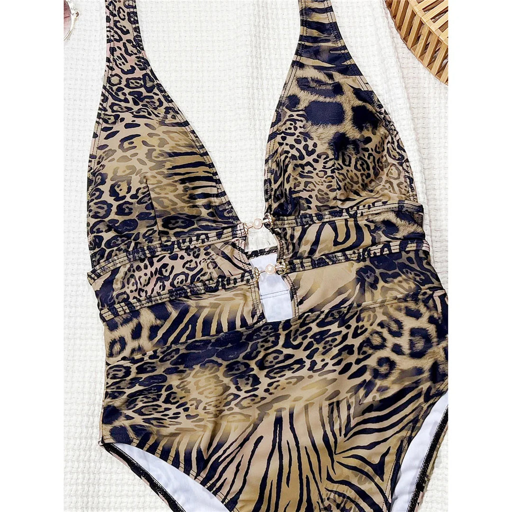 Tiger Printed Deep V Neck Monokini Women Swimwear One Piece Swimsuit Female Backless High Cut Leg Bather Bathing Suit Swim K7293