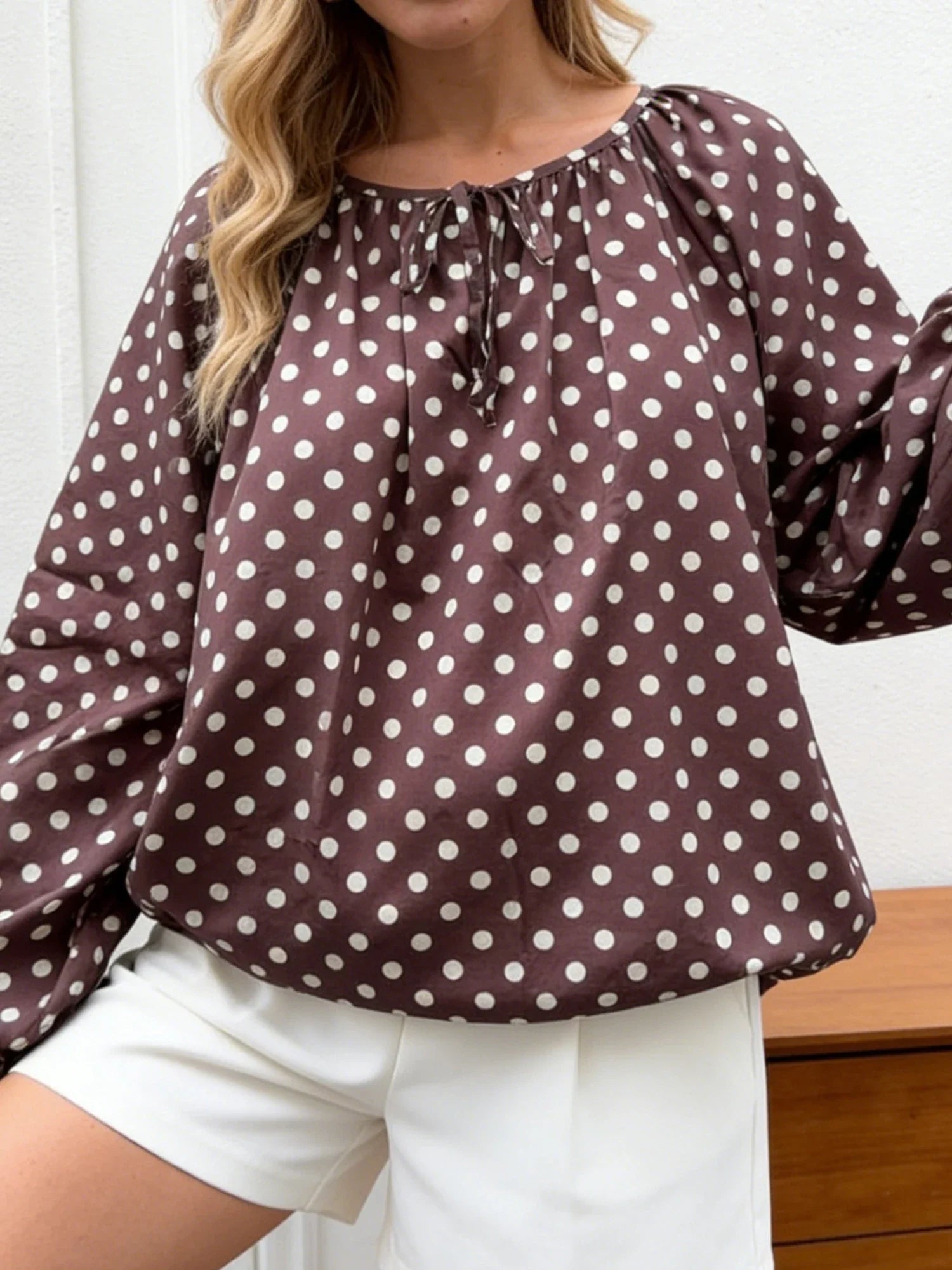 Women Puff Long Sleeve Crew Neck Spring Fall Tops Fashion Dot Print Casual Loose Fit Flowy Blouse