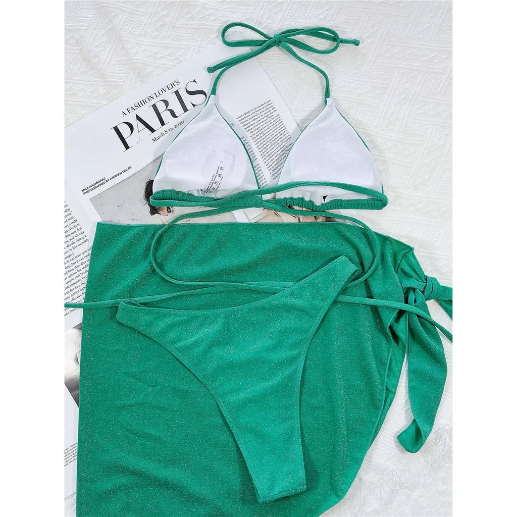 Glitter Sparkling Wrap Around Bikini Women Swimwear Female Swimsuit Three-piece Bikini set Sarong Bather Bathing Suit Swim V3679