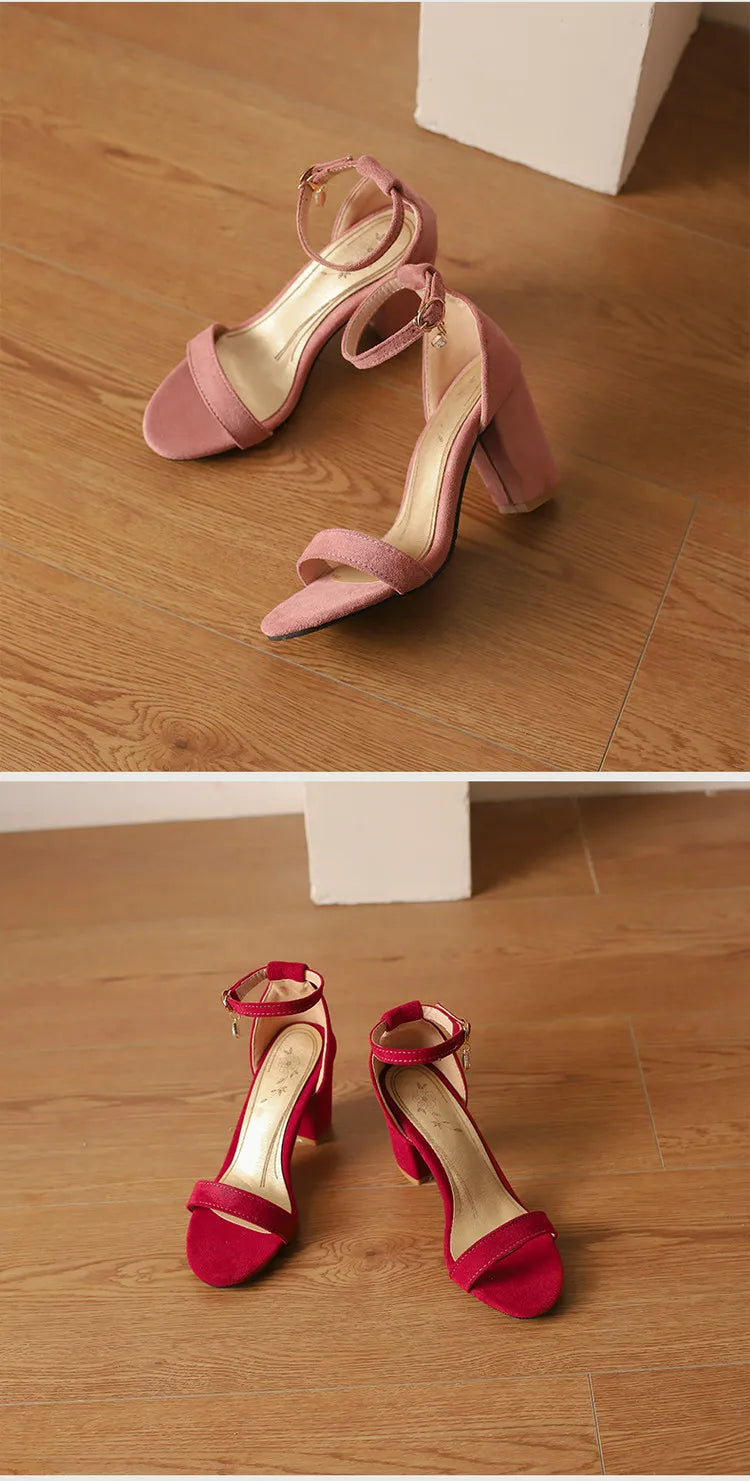 Beige Suede Ankle Strap Block Heel Sandals for Women, Round Open Toe with Rhinestone Accent, Multiple Colors Available
