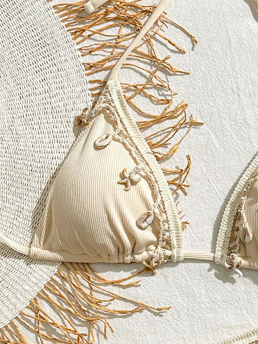 Shell Decoration Ribbed Halter Strappy Bikini Women Swimwear Female Swimsuit Two-pieces Bikini Set Bather Bathing Suit Swim Lady