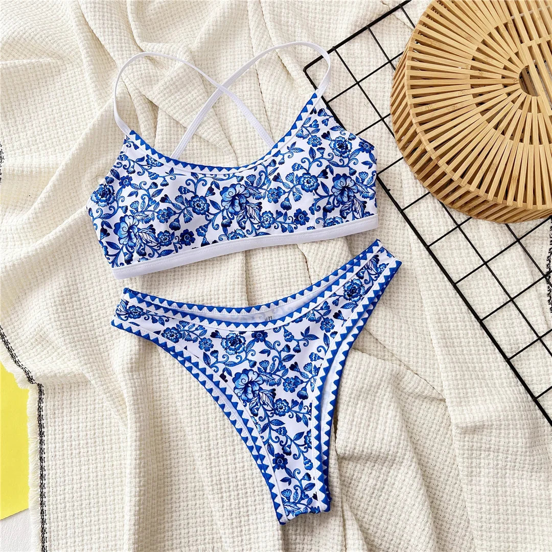 Sexy Flowers Printed Brazilian Bikini Female Swimsuit Women Swimwear Two-Pieces Bikini Set Padded Bather Bathing Suit Swim V6705