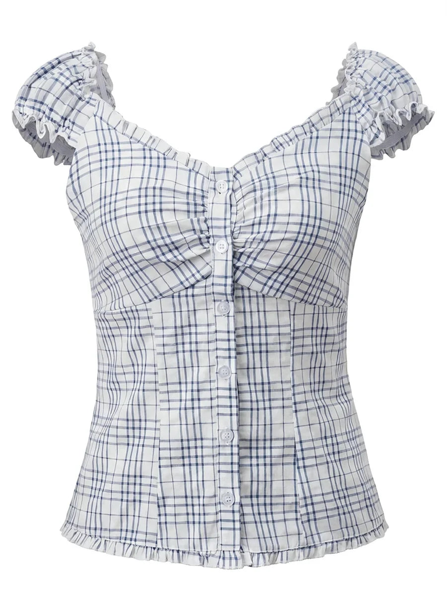 Women Summer Tops and Blouse Short Sleeve Square Neck Button Down Shirts Y2K Retro Casual Daily Streetwear