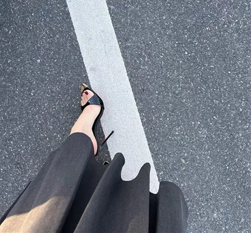 Black glossy  Female High Heels Open Toe Slides Trending Breathable Women Summer Outfit Casual Shoes12cm Sandals