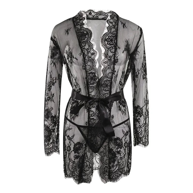 See Through Lace Babydoll Women Sexy Lingerie Erotic Transparent V-Neck Nightwear Robe G-string Robe Sleepwear Dress