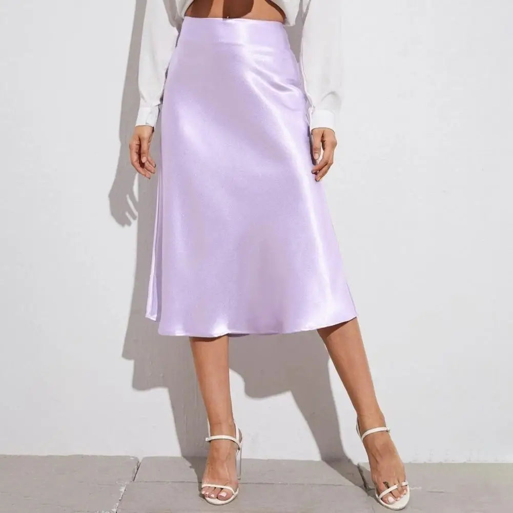 Satin-Like Shiny Skirt Women Midi Skirt High Waist Solid Color Mid-calf Length Skirt Soft Breathable Fabric Work Skirts